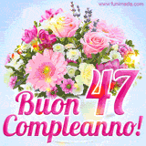 Bouquet animato con rose rosa, margherite e altri fiori colorati, con il numero 47 e la scritta 'Buon Compleanno!' in stile elegante e luminoso.