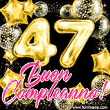 Animazione con palloncini dorati a forma del numero 47, circondati da decorazioni scintillanti e la scritta 'Buon Compleanno!' in caratteri rosa accattivanti.