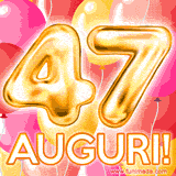 Bouquet animato di palloncini multicolori che emergono da una scatola regalo, con il numero 47 e la scritta 'Tanti Auguri!' su uno sfondo pieno di coriandoli.