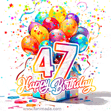 A festive birthday age GIF with animated star confetti, colorful balloons, and a gift box with the number 47. The text reads 'Happy Birthday'.