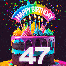 Chocolate cake with cyan layers, pink dressing and a big number 47 adorned with vibrant multicolored frosting, lit candles, and a rainbow topper with text that says 'Happy Birthday'. Animated colorful confetti move behind the cake.