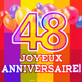 GIF animé 48 ans avec des ballons colorés, un grand chiffre 48 et 'Joyeux Anniversaire!' sur un fond éclatant.