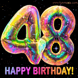 Shiny number 48 birthday celebration balloons with an iridescent glow and glitter on a black background with twinkling stars.