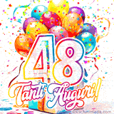 Animazione con palloncini colorati e scintillanti, accompagnata dal numero 48 in caratteri grandi e luminosi, e la scritta 'Tanti Auguri!' in stile vivace.
