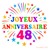 GIF animé joyeux anniversaire 48 ans avec étoiles multicolores et feu d’artifice