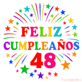Imagen animada para felicitar los 48 años con letras de colores y diseño festivo.