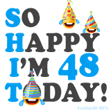 A fun birthday animation celebrating turning 48 with colorful party hats, smiling faces, and cheerful emojis.