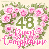GIF per il 48° compleanno con un cuore di rose rosa e scritta elegante