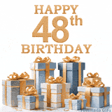 Festive animated eCard with elegant 'Happy 48th Birthday' text above a pile of luxurious blue, white, and gold gift boxes and presents.
