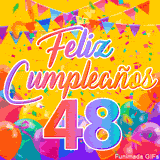 Un GIF animado para un 48º cumpleaños, Muestra el texto 'Feliz Cumpleaños 48' sobre un fondo amarillo vibrante con globos de colores, banderines y una lluvia de confeti.