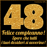 Un GIF animato per un 48° compleanno, Presenta il testo 'Buon Compleanno 48' su uno sfondo giallo vivo con palloncini colorati, festoni e una pioggia di coriandoli.