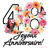 Ce GIF de Joyeux 48ème Anniversaire présente le nombre vingt rempli d'un bouquet vibrant de fleurs animées, avec des papillons qui bougent doucement sur un fond blanc.