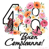 Questo GIF di Buon 48° Compleanno mostra il numero venti riempito con un vibrante bouquet di fiori animati, con farfalle che si muovono dolcemente su uno sfondo bianco.