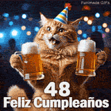 Mensaje 48 Feliz Cumpleaños delante de un gato atigrado que luce un sombrero festivo y tiene dos vasos grandes de cerveza en las patas.