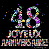 Image animée affichant le chiffre 48 et Joyeux Anniversaire en cristaux multicolores scintillants, entourés de petites lumières sur fond sombre.