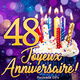 GIF Joyeux Anniversaire 48 ans montrant le nombre 48 d'or à côté d'un cupcake illuminé de bougies brillantes.