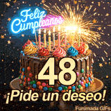 Bizcocho adornado con el número 48 en primer plano. Una bengala encendida emite destellos mientras cae confeti dorado sobre ¡Pide un deseo!.
