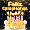 Tarjeta GIF de cumpleaños feliz de 48 años con torta y velas