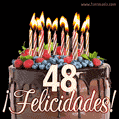 Feliz 48 cumpleaños pastel de chocolate. Imagen (GIF) con pastel y saludo.