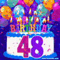 48th Birthday Cake gif: colorful candles, balloons, confetti and number 48
