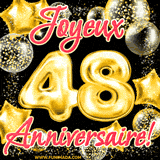 GIF animé pour un 48e anniversaire avec des ballons dorés en forme de 48, entourés de ballons scintillants et du texte 'Joyeux Anniversaire!' en écriture élégante.