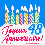 GIF animé joyeux anniversaire pour 48 ans avec des bougies colorées allumées, un fond bleu vif et le texte 'Joyeux Anniversaire 48!' en écriture élégante.