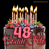 GIF animé pour un 48e anniversaire avec un somptueux gâteau au chocolat décoré de baies fraîches, des bougies allumées et le texte '48 Bonne Fête!' en rouge.