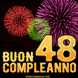 Animazione di fuochi d'artificio colorati con il numero 48 in oro brillante e la scritta 'Buon Compleanno' su uno sfondo nero festivo ed elegante.