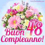 Bouquet animato con rose rosa, margherite e altri fiori colorati, con il numero 48 e la scritta 'Buon Compleanno!' in stile elegante e luminoso.