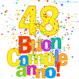 Animazione con il numero 48 in giallo e scritte multicolore 'Buon Compleanno!', accompagnate da una pioggia di stelle e coriandoli colorati.
