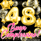 Animazione con palloncini dorati a forma del numero 48, circondati da decorazioni scintillanti e la scritta 'Buon Compleanno!' in caratteri rosa accattivanti.