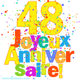 GIF animé pour un 48e anniversaire avec le chiffre 48 en couleurs vives, le texte 'Joyeux Anniversaire!' et une explosion de confettis multicolores.