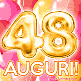 Bouquet animato di palloncini multicolori che emergono da una scatola regalo, con il numero 48 e la scritta 'Tanti Auguri!' su uno sfondo pieno di coriandoli.
