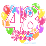 An animated birthday greeting card with a large '48' in pink outline surrounded by colorful balloons heart-shaped frame, and 'Happy Birthday!' written below in hand-written font.