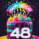 Chocolate cake with cyan layers, pink dressing and a big number 48 adorned with vibrant multicolored frosting, lit candles, and a rainbow topper with text that says 'Happy Birthday'. Animated colorful confetti move behind the cake.