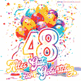 Animiertes Konfetti, mehrfarbige Luftballons und eine Geschenkbox in einem fröhlichen GIF zum 48. Geburtstag