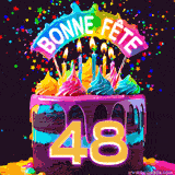 GIF animé pour un 48e anniversaire avec un gâteau au chocolat recouvert de glaçage arc-en-ciel, des bougies allumées, et le texte 'Bonne Fête' sur un fond étoilé et festif.