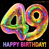 Shiny number 49 birthday celebration balloons with an iridescent glow and glitter on a black background with twinkling stars.