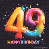 A vibrant age-specific birthday short animation displays the number '49' in shiny balloon-like letters with the words 'Happy Birthday' underneath. The dark background is punctuated with festive stars and balloons.