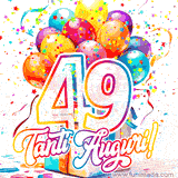 Animazione con palloncini colorati e scintillanti, accompagnata dal numero 49 in caratteri grandi e luminosi, e la scritta 'Tanti Auguri!' in stile vivace.