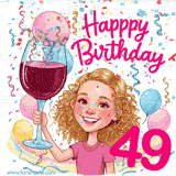 An animated birthday GIF featuring a smiling cartoon woman holding a glass of wine. Text reads 'Happy Birthday 49' surrounded by colorful balloons and confetti.