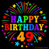 A birthday cake with lit candles is shown with colorful balloons and animated confetti.