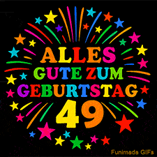Animiertes GIF 'Alles Gute zum Geburtstag 49 mit bunten Buchstaben und leuchtenden Sternen