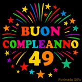 GIF animata 'Buon Compleanno 49' con lettere colorate e fuochi d'artificio