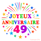 GIF animé joyeux anniversaire 49 ans avec étoiles multicolores et feu d’artifice