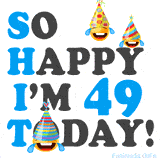 A fun birthday animation celebrating turning 49 with colorful party hats, smiling faces, and cheerful emojis.