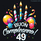 Augura buon compleanno ai 49 anni con questa GIF colorata e festosa: palloncini, stelle e candele per un augurio digitale indimenticabile
