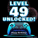 Animated GIF for a 49 birthday. The text 'Level 49 Unlocked!' and 'Happy Birthday!' are displayed over a blue video game controller with exploding fireworks in the background.