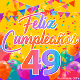 Un GIF animado para un 49º cumpleaños, Muestra el texto 'Feliz Cumpleaños 49' sobre un fondo amarillo vibrante con globos de colores, banderines y una lluvia de confeti.