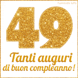 GIF animata per un 49° compleanno, Mostra il numero 49 in grandi caratteri dorati pieni di glitter scintillante, Sotto, la scritta 'Tanti auguri di buon compleanno!' in un elegante oro.